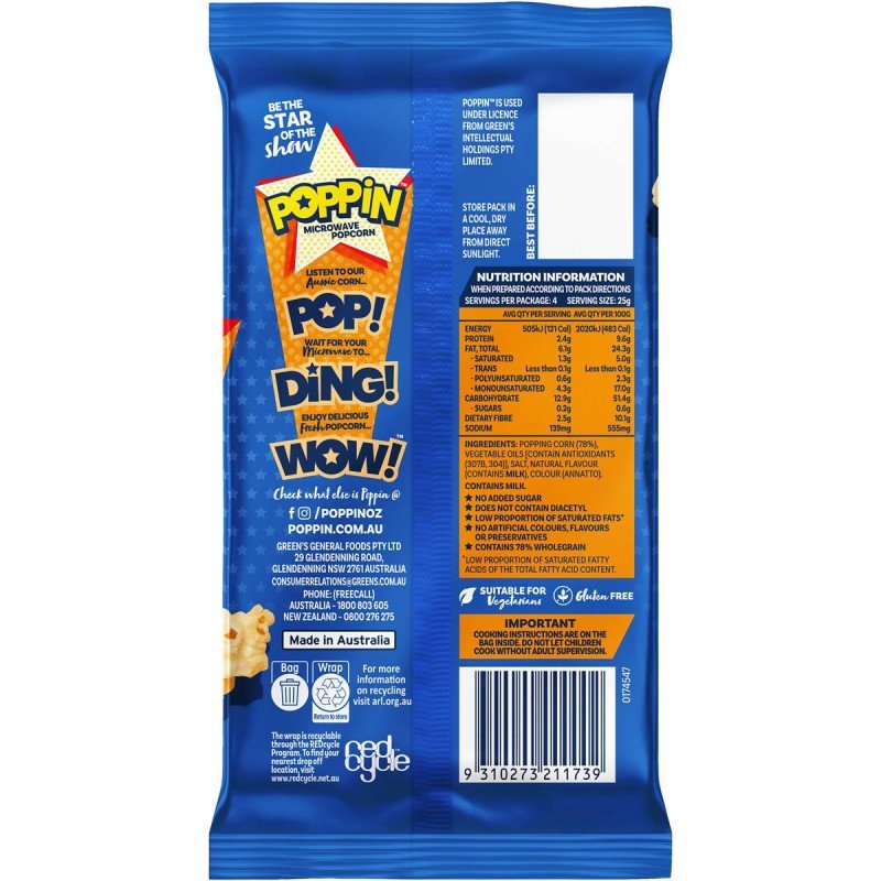 [Expiry: 01/08/2025] Poppin Microwave Popcorn Triple Butter Flavour 100g