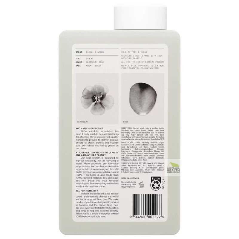 Thankyou Hand & Body Wash Geranium, Rose & Wood 1 Litre Refill