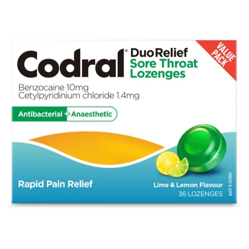 [CLEARANCE Expiry: 04/2025] Codral Sore Throat Lozenges Antibacterial + Anaesthetic Lime & Lemon 36 Lozenges