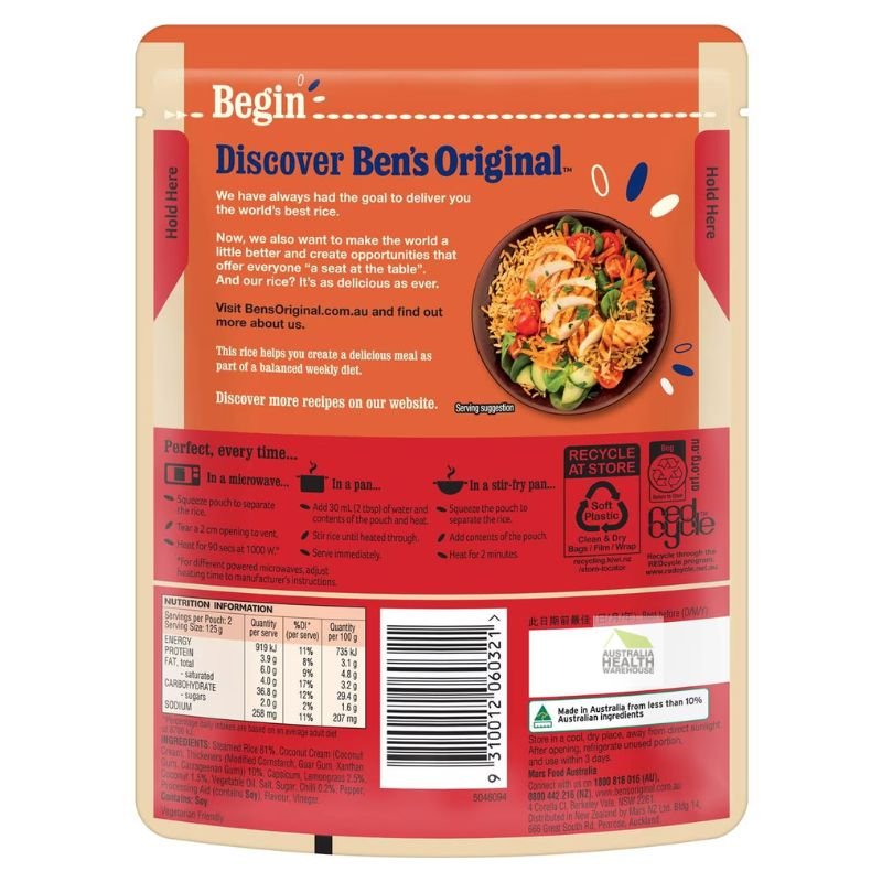 [CLEARANCE Expiry: 18/11/2024] Ben's Original Coconut, Chilli & Lemongrass Rice Microwave Rice Pouch 250g