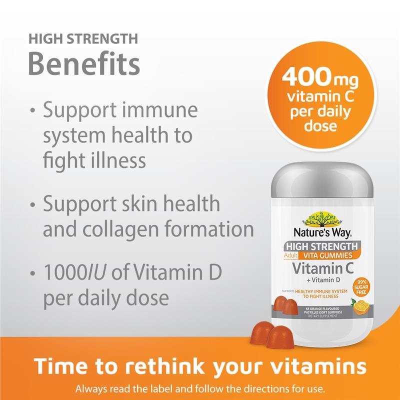 [CLEARANCE] Nature's Way High Strength Adult Vita Gummies Vitamin C + Vitamin D 65 Pastilles January 2024