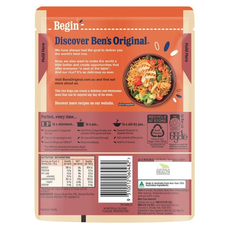 [CLEARANCE Expiry: 05/08/2024] Ben's Original Brown, Red & Wild Rice Medley Microwave Rice Pouch 250g