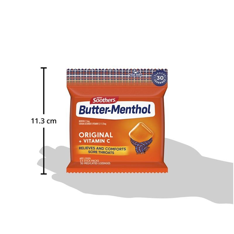 [Expiry: 03/2026] Soothers Butter-Menthol Original + Vitamin C Sore Throat Lozenges 30 Multipack