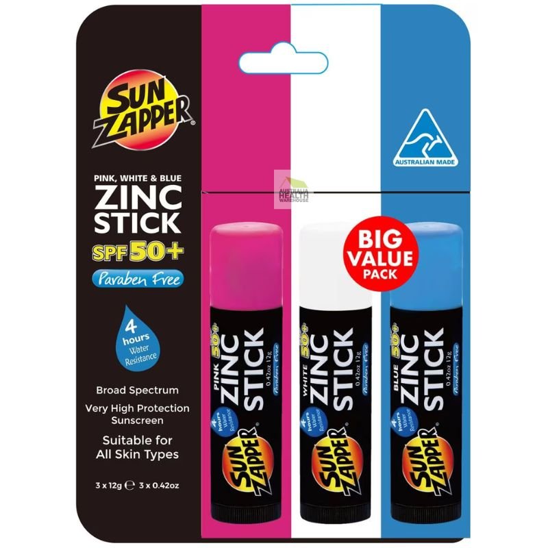 Sun Zapper Zinc Sticks SPF 50+ Mixed Pack 3 x 12g Pink, White & Blue