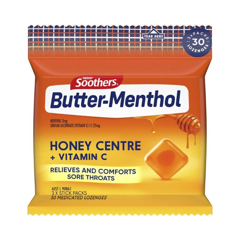 [Expiry: 05/2026] Soothers Butter-Menthol Honey Centre + Vitamin C Lozenges 3x10 Multipack