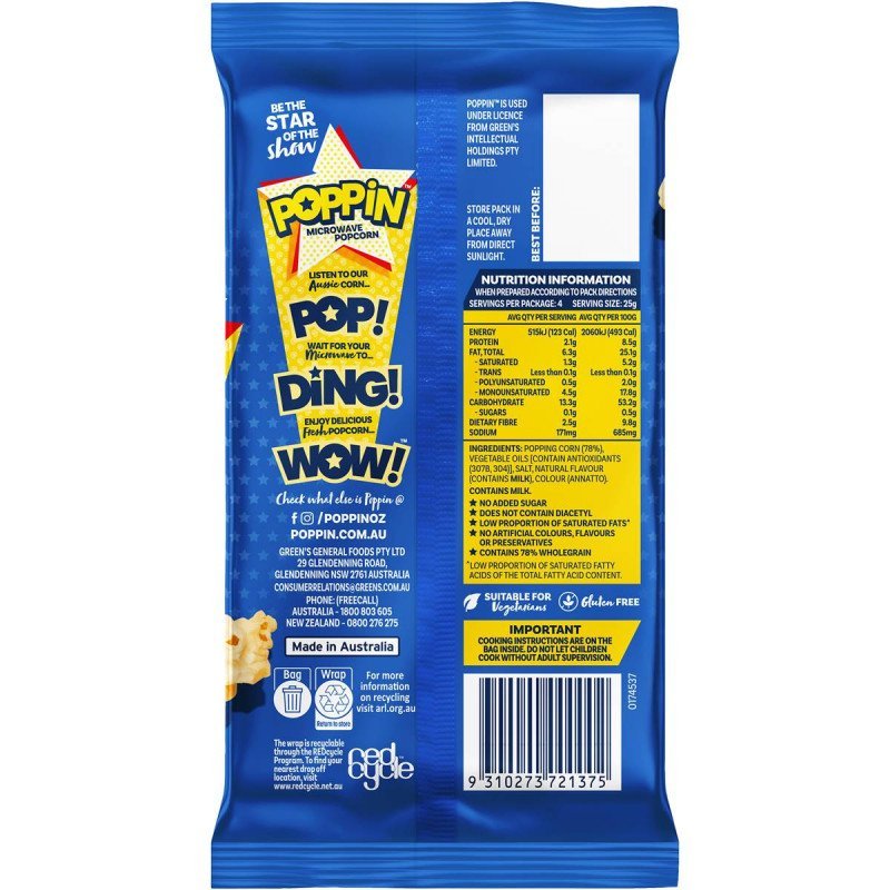 [Expiry: 20/02/2026] Poppin Microwave Popcorn Original Butter Flavour 100g