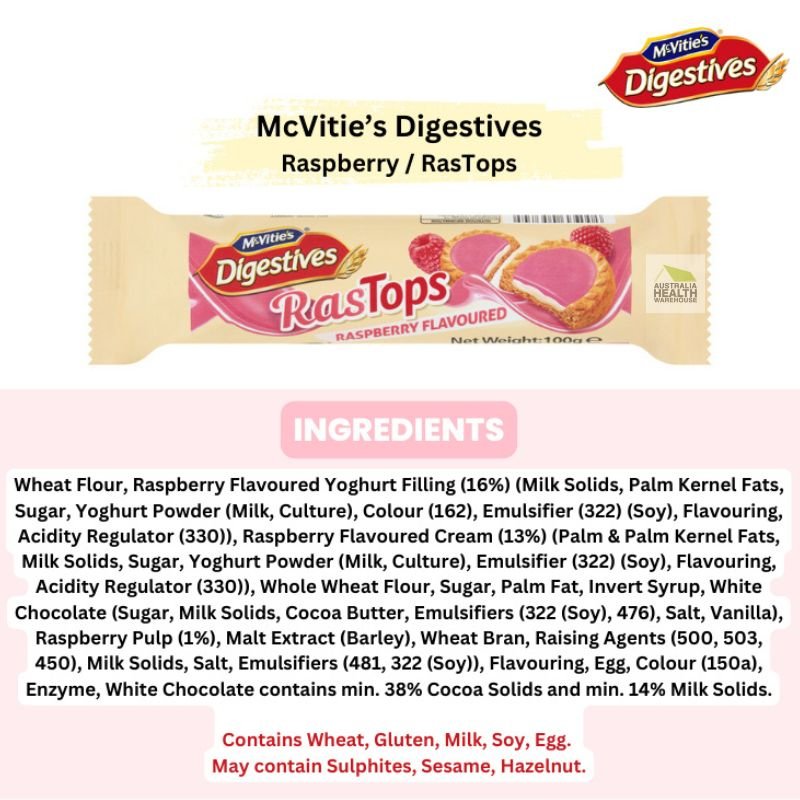 [Expiry: 16/05/2025] Mcvitie's Digestives RasTops Raspberry Flavoured 100g