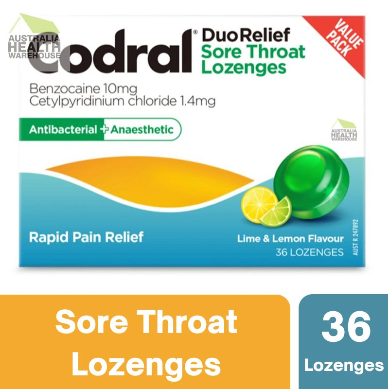 [CLEARANCE Expiry: 04/2025] Codral Sore Throat Lozenges Antibacterial + Anaesthetic Lime & Lemon 36 Lozenges