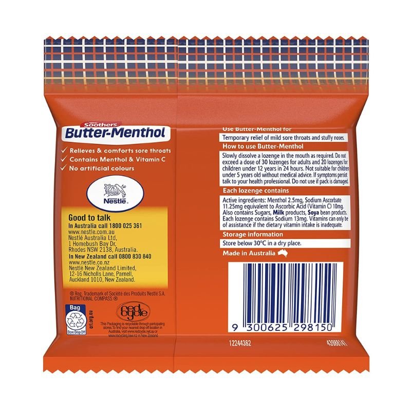 [Expiry: 03/2026] Soothers Butter-Menthol Original + Vitamin C Sore Throat Lozenges 30 Multipack