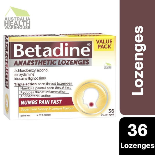 [CLEARANCE Expiry: 02/2025] Betadine Sore Throat Lozenges Anaesthetic Honey & Lemon Flavour 36 Pack