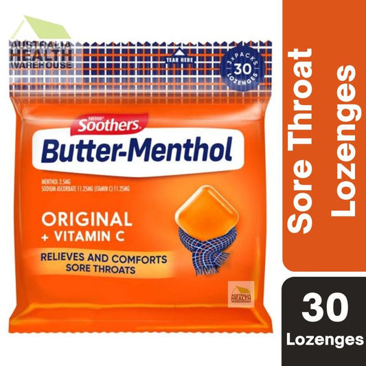 [Expiry: 03/2026] Soothers Butter-Menthol Original + Vitamin C Sore Throat Lozenges 30 Multipack