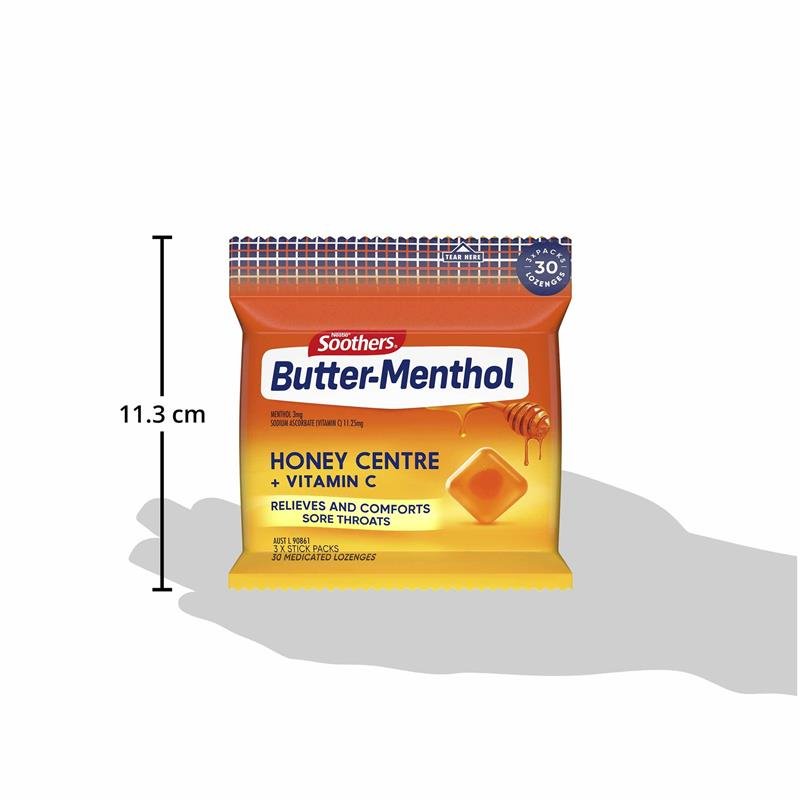 [Expiry: 05/2026] Soothers Butter-Menthol Honey Centre + Vitamin C Lozenges 3x10 Multipack