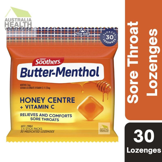 [Expiry: 05/2026] Soothers Butter-Menthol Honey Centre + Vitamin C Lozenges 3x10 Multipack