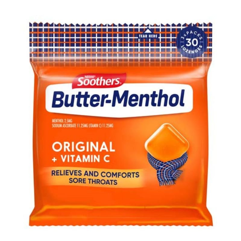 [Expiry: 03/2026] Soothers Butter-Menthol Original + Vitamin C Sore Throat Lozenges 30 Multipack