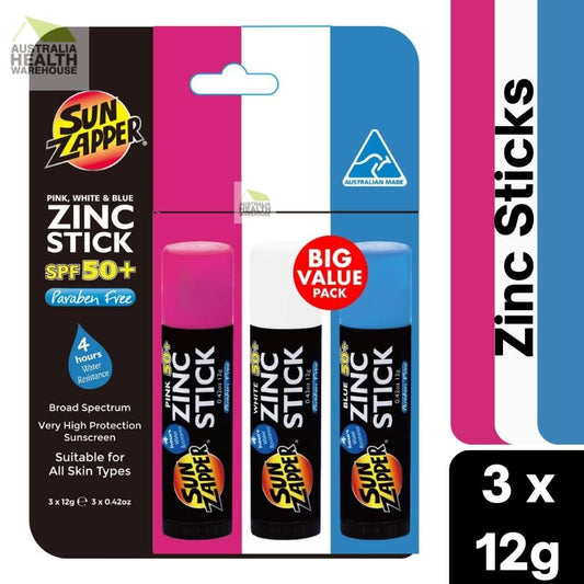 Sun Zapper Zinc Sticks SPF 50+ Mixed Pack 3 x 12g Pink, White & Blue