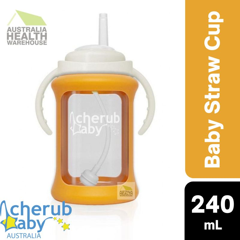 Cherub Baby Wide Neck Glass Straw Cup 240mL (9 Months+) - Orange