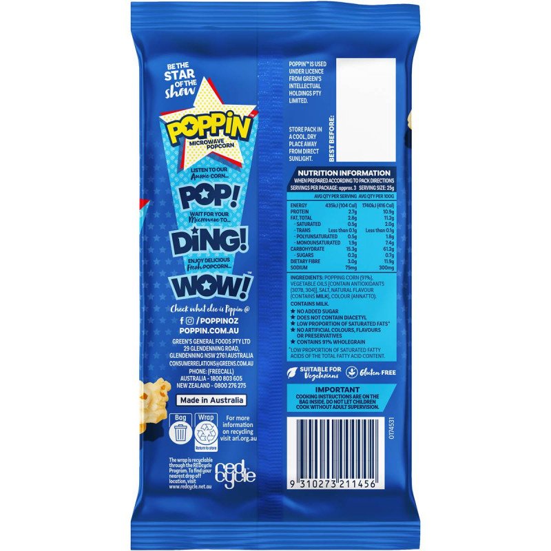 [Expiry: 13/05/2025] Poppin Microwave Popcorn Light Butter Flavour 85g