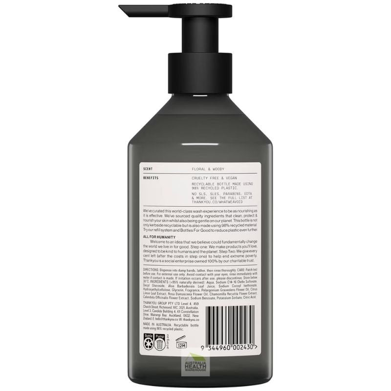 Thankyou Botanical Geranium, Rose & Wood Hand Wash 500mL